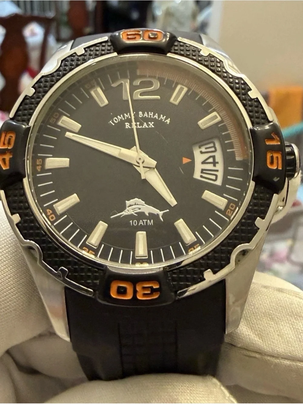 Tommy Bahama Relax Men Watch RLX1112 Black Orange Date 10 ATM 46mm Sport Diver